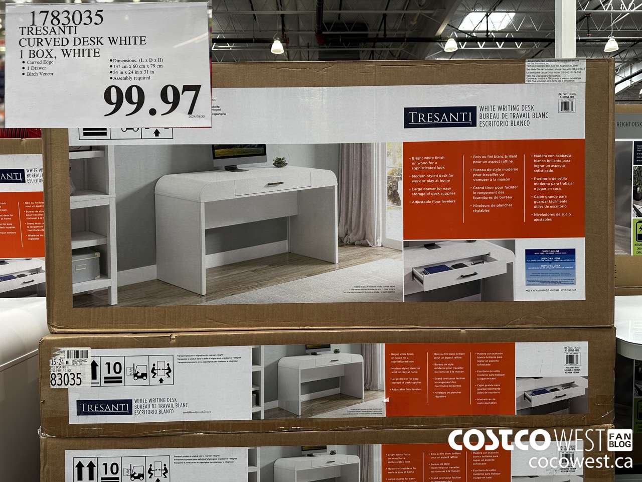 1783035 TRESANTI CURVED DESK WHITE 1 BOX, WHITE $99.97