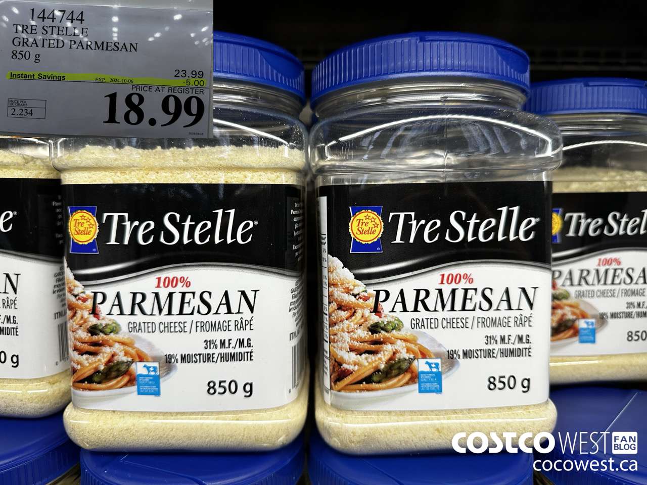 144744 TRE STELLE GRATED PARMESAN 850 g ($5.00 INSTANT SAVINGS EXPIRES ON 2024-10-06) $18.99