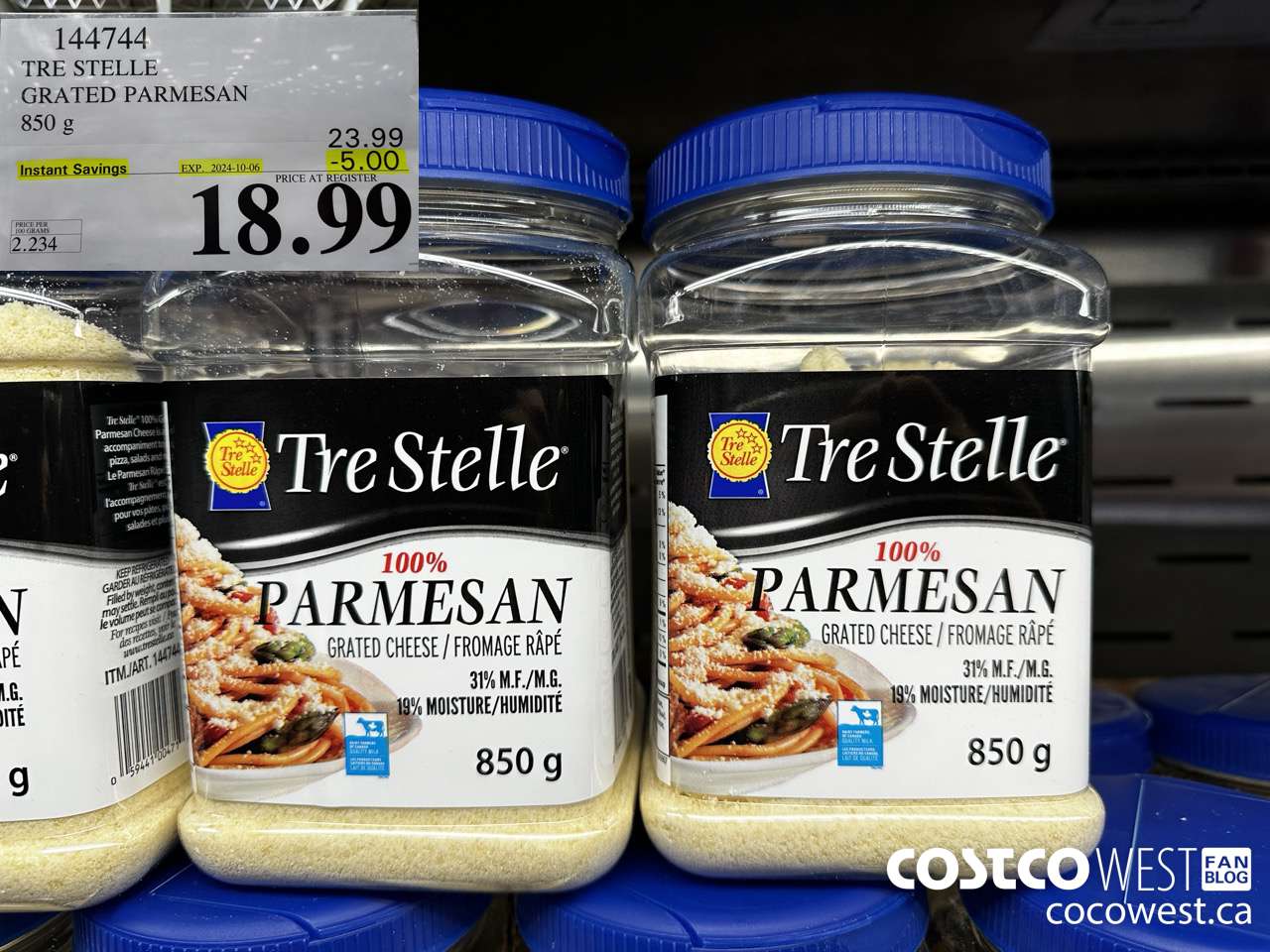 144744 TRE STELLE GRATED PARMESAN 850 g ($5.00 INSTANT SAVINGS EXPIRES ON 2024-10-06) $18.99