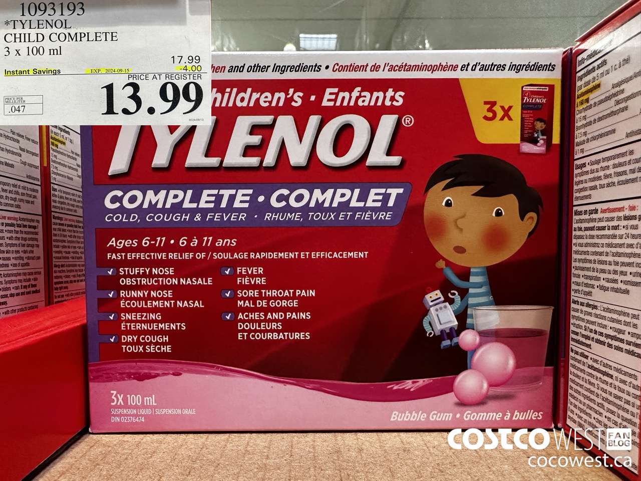 1093193 TYLENOL CHILD COMPLETE 3 X 100 ML ($4.00 INSTANT SAVINGS EXPIRES ON 2024-09-15) $13.99