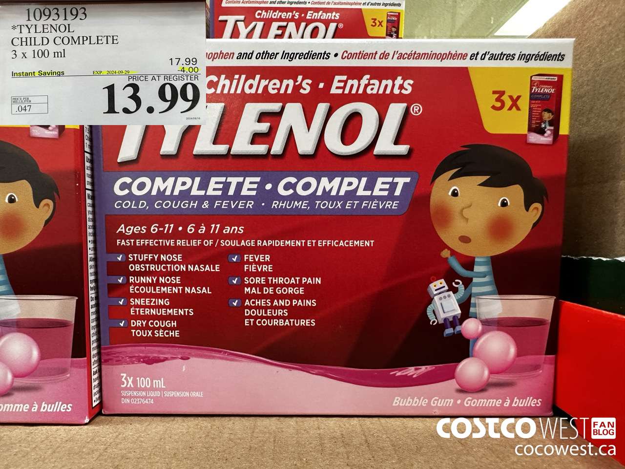1093193 TYLENOL CHILD COMPLETE 3 X 100 ML ($4.00 INSTANT SAVINGS EXPIRES ON 2024-09-29) $13.99