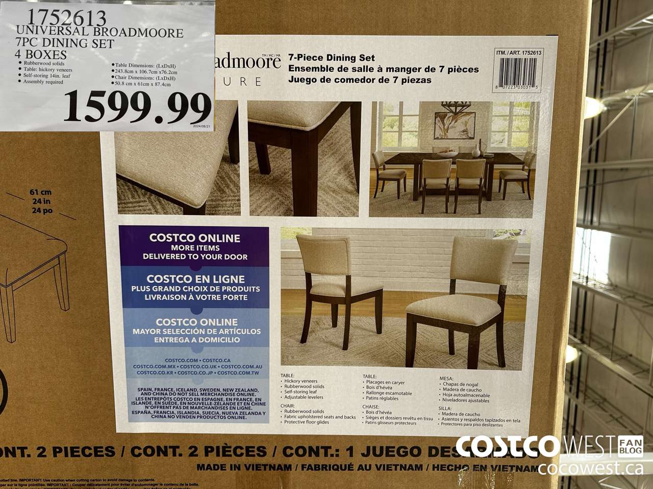 1752613 UNIVERSAL BROADMOORE 7PC DINING SET 4 BOXES $1599.99