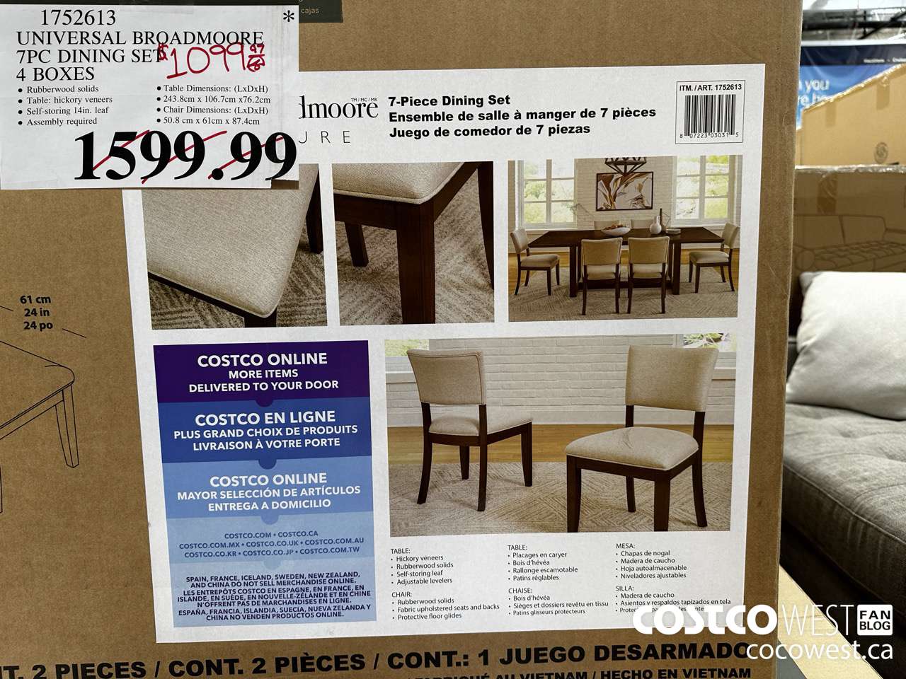 1752613 UNIVERSAL BROADMOORE 7PC DINING SET 4 BOXES $1099.97