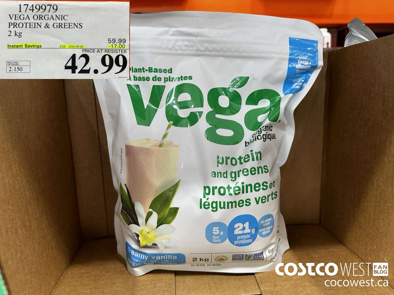 1749979 VEGA ORGANIC PROTEIN & GREENS 2 KG ($17.00 INSTANT SAVINGS EXPIRES ON 2024-09-29) $42.99