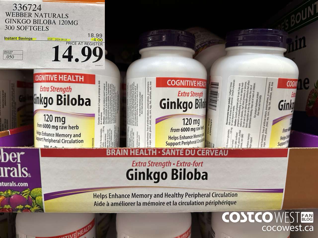 336724 WEBBER NATURALS GINKGO BILOBA 120MG 300 SOFTGELS ($4.00 INSTANT SAVINGS EXPIRES ON 2024-09-15) $14.99