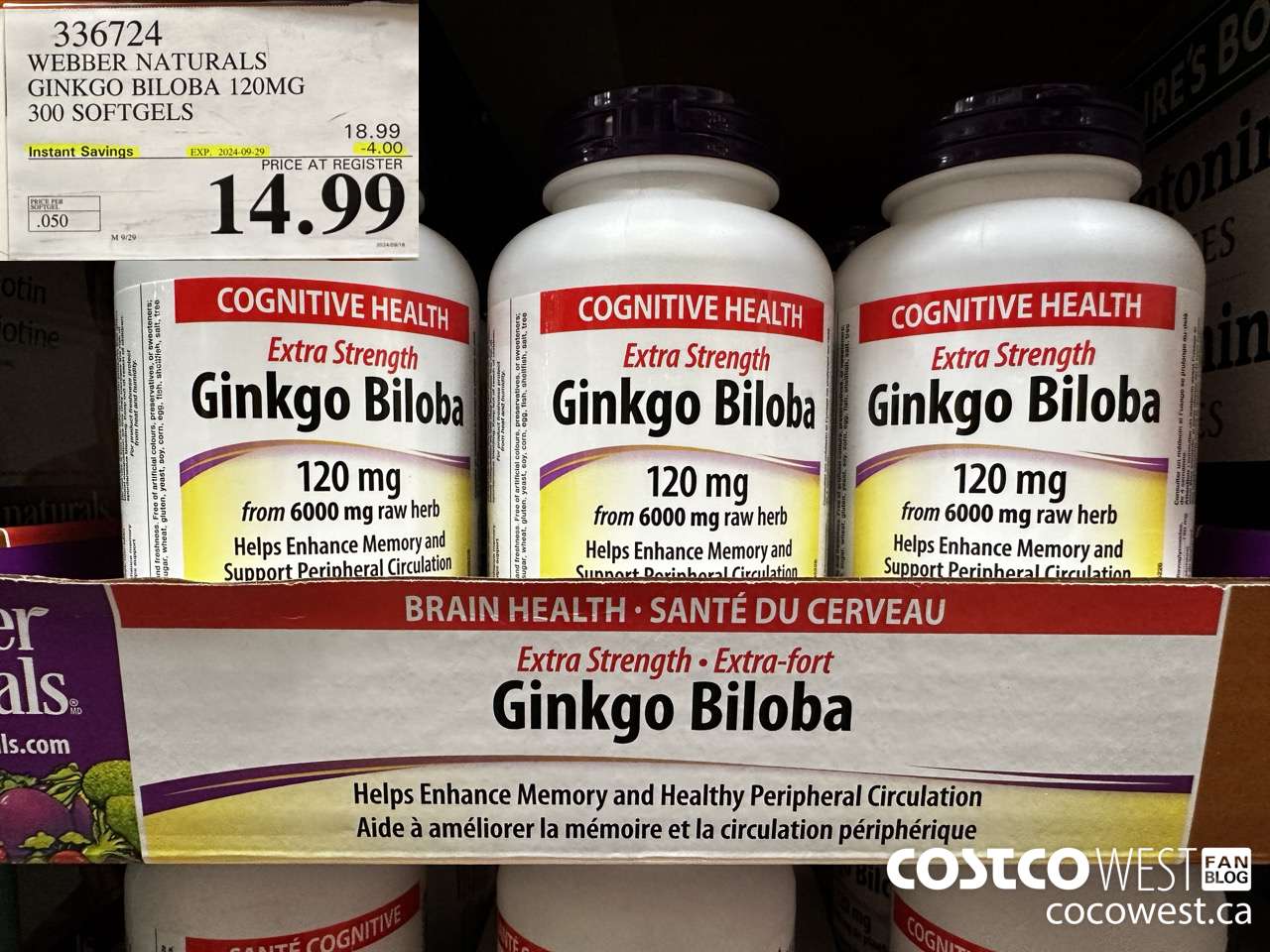 336724 WEBBER NATURALS GINKGO BILOBA 120MG 300 SOFTGELS ($4.00 INSTANT SAVINGS EXPIRES ON 2024-09-29) $14.99