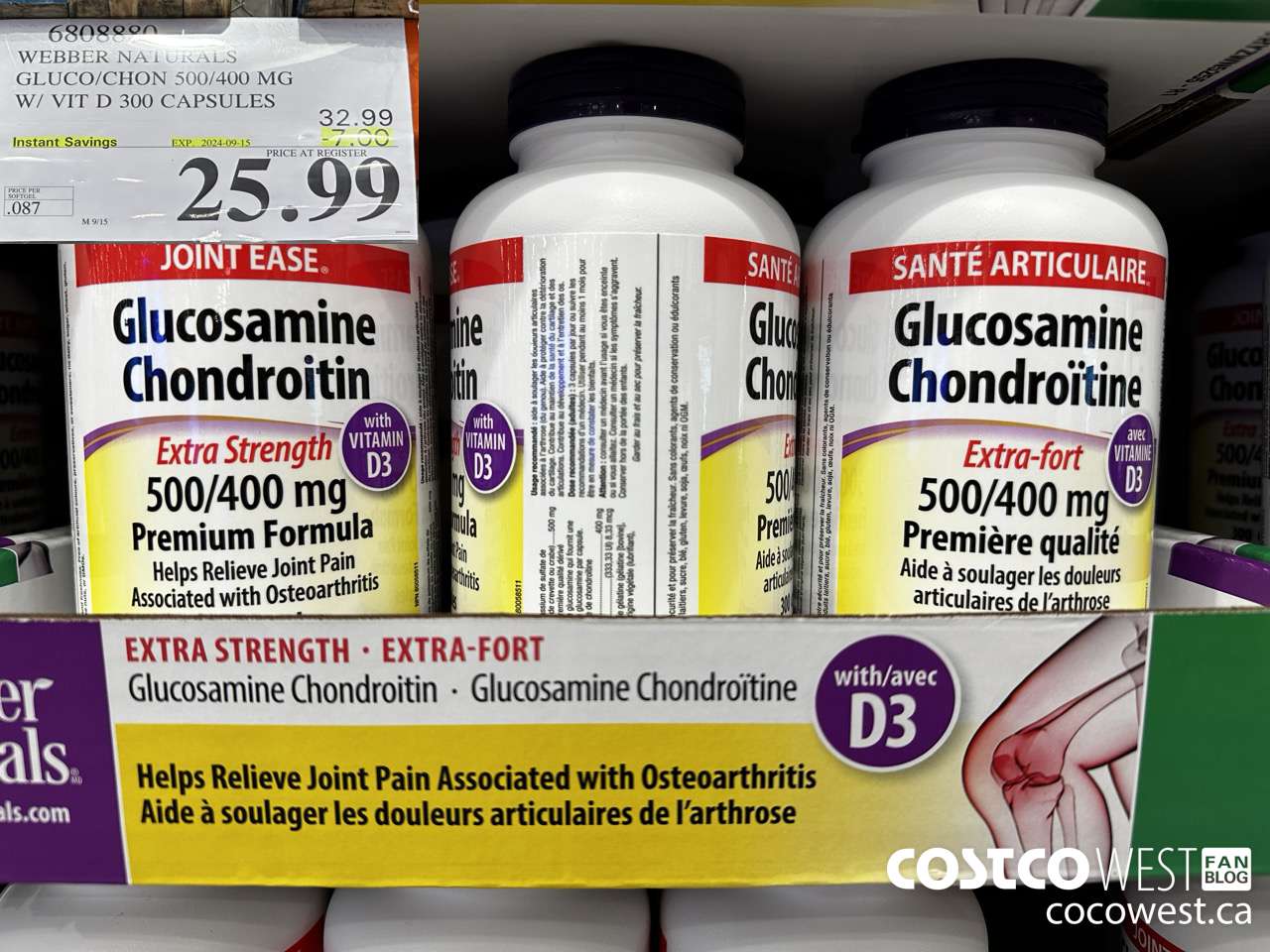 6808880 WEBBER NATURALS GLUCO/CHON 500/400 MG W/VIT D 300 CAPSULES ($7.00 INSTANT SAVINGS EXPIRES ON 2024-09-15) $25.99