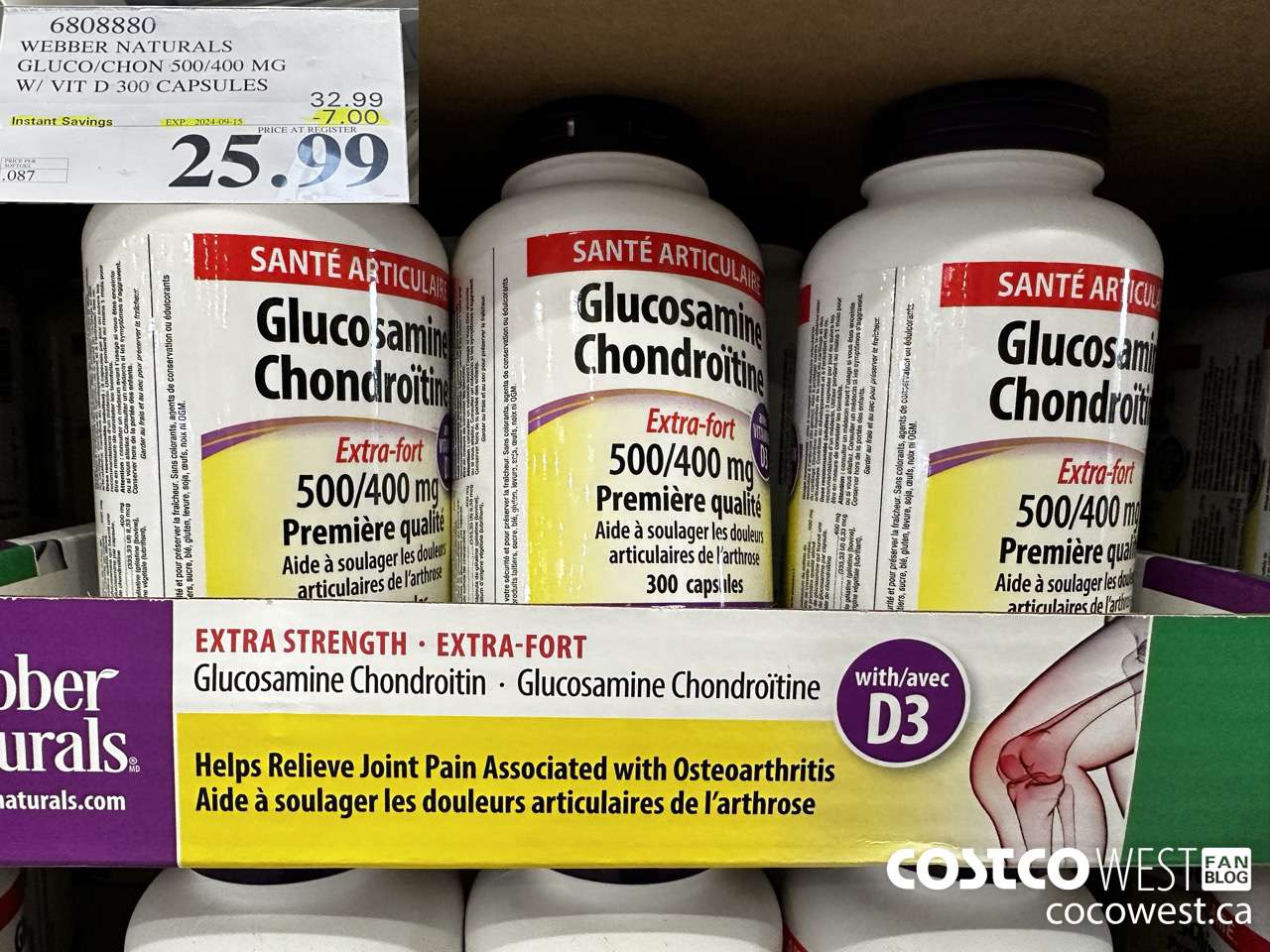 6808880 WEBBER NATURALS GLUCO/CHON 500/400 MG W/VIT D 300 CAPSULES ($7.00 INSTANT SAVINGS EXPIRES ON 2024-09-15) $25.99