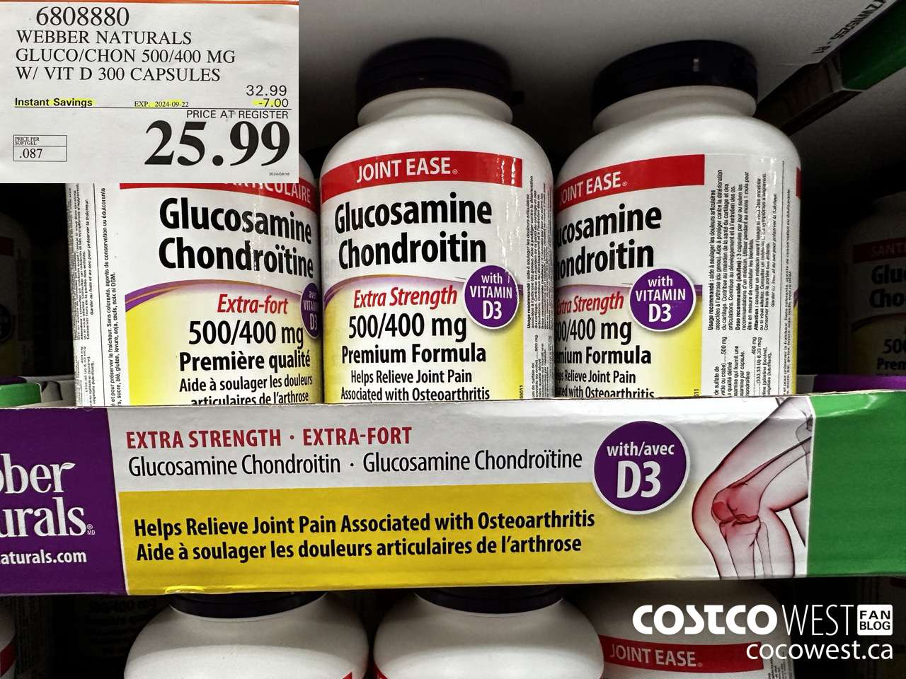 6808880 WEBBER NATURALS GLUCO/CHON 500/400 MG W/VIT D 300 CAPSULES ($7.00 INSTANT SAVINGS EXPIRES ON 2024-09-22) $25.99