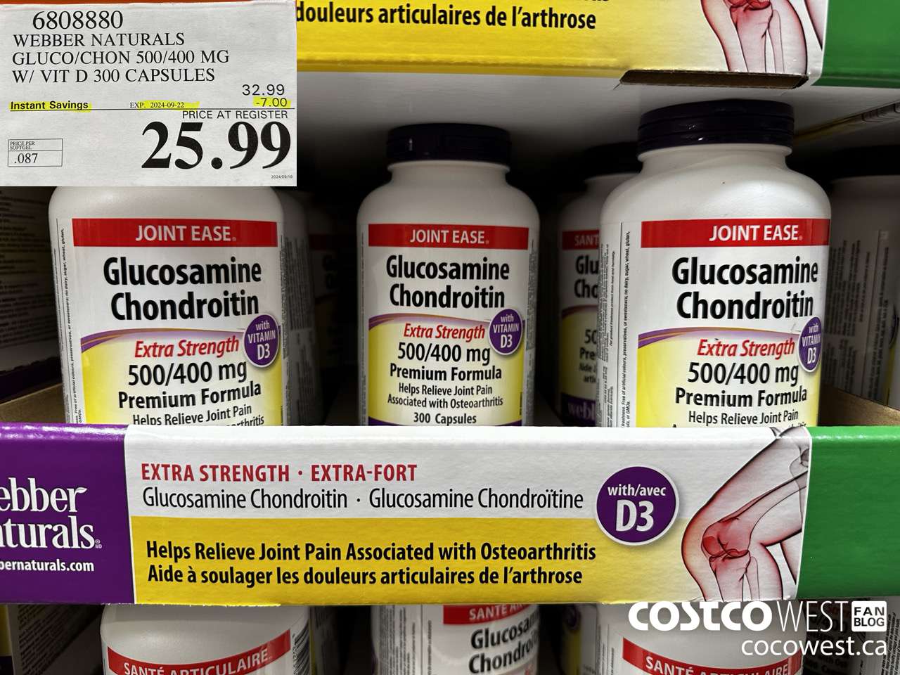 6808880 WEBBER NATURALS GLUCO/CHON 500/400 MG W/VIT D 300 CAPSULES ($7.00 INSTANT SAVINGS EXPIRES ON 2024-09-22) $25.99