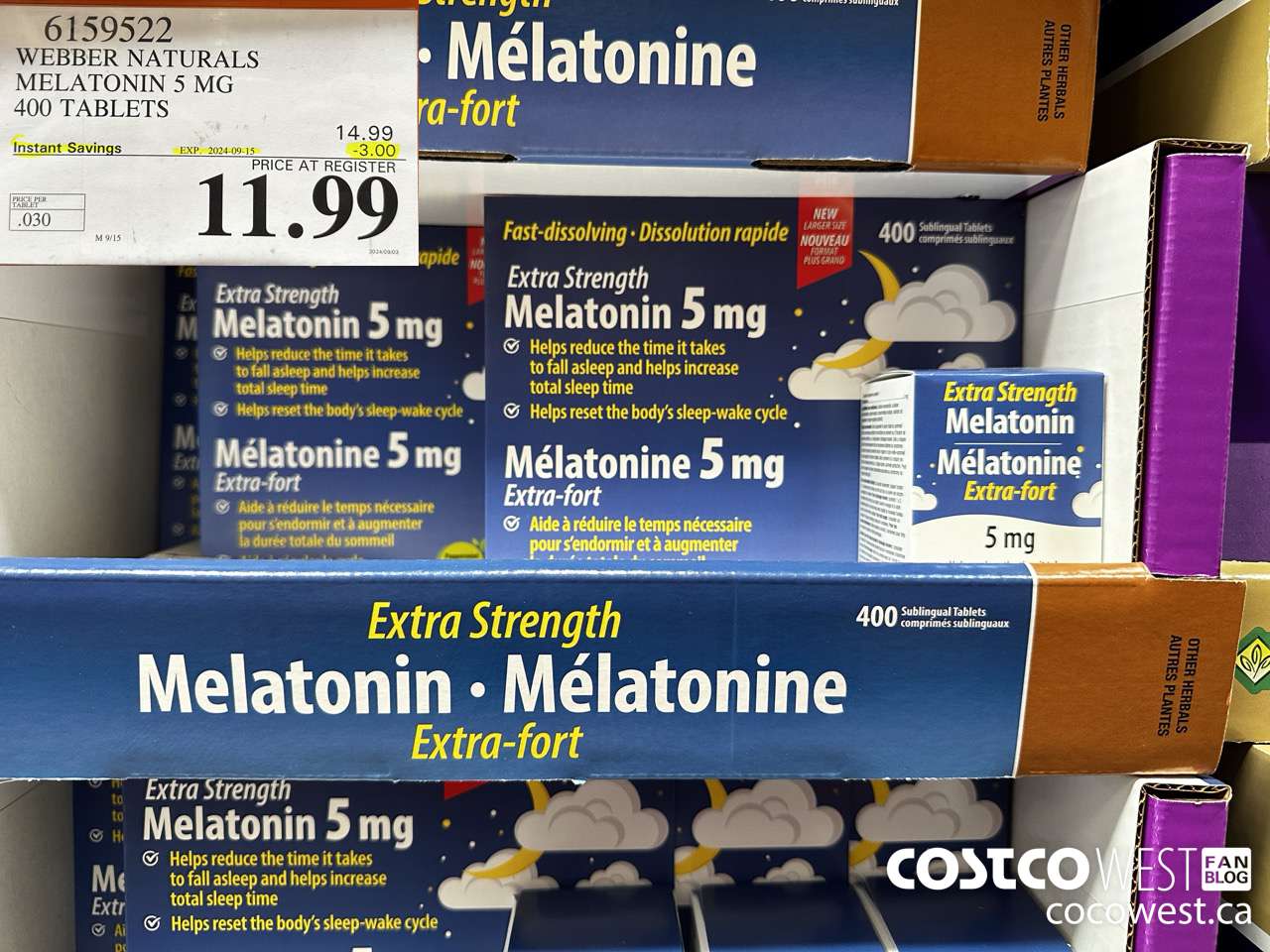 6159522 WEBBER NATURALS MELATONIN 5 MG 400 TABLETS ($3.00 INSTANT SAVINGS EXPIRES ON 2024-09-15) $11.99