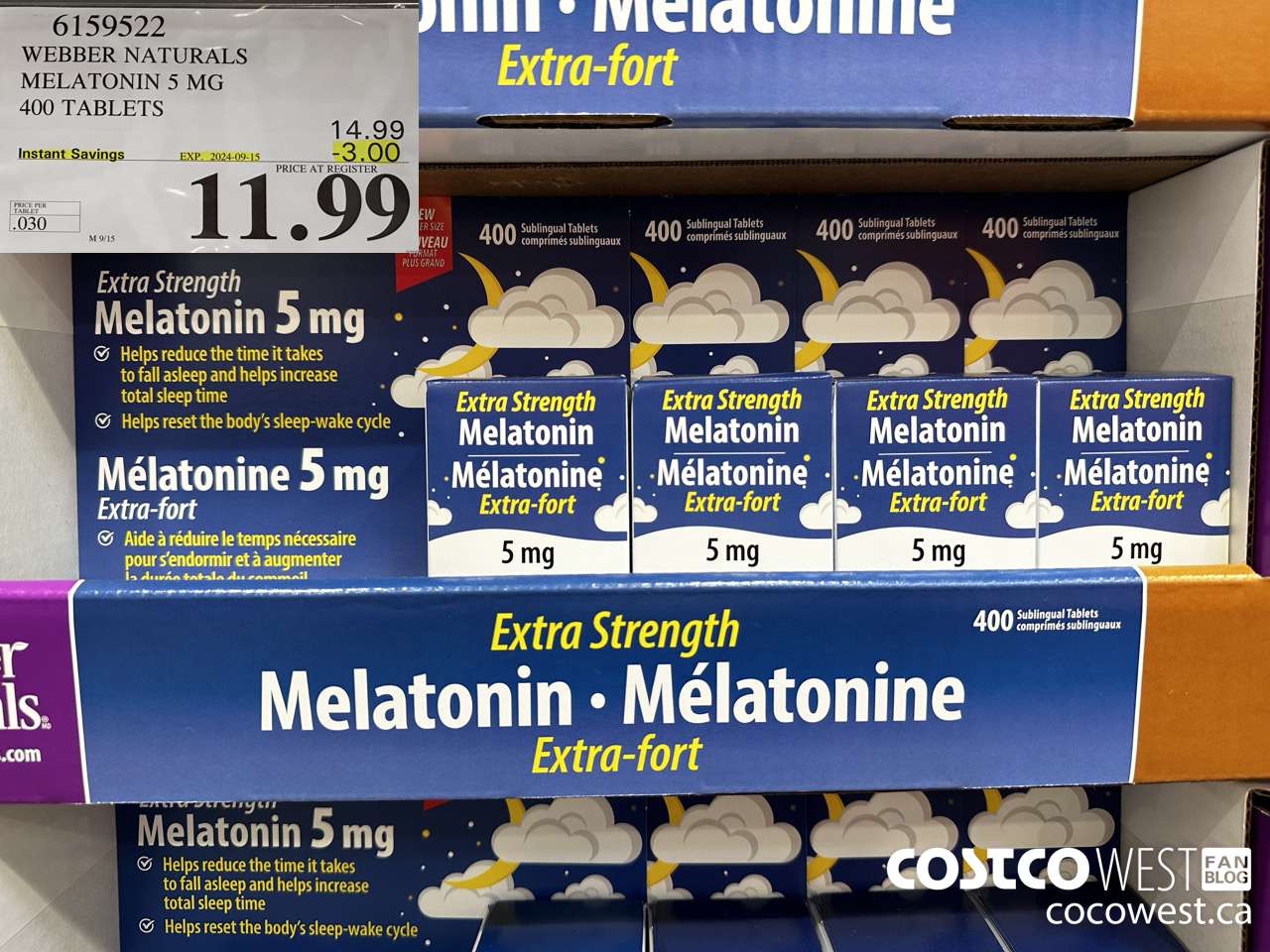 6159522 WEBBER NATURALS MELATONIN 5 MG 400 TABLETS ($3.00 INSTANT SAVINGS EXPIRES ON 2024-09-15) $11.99