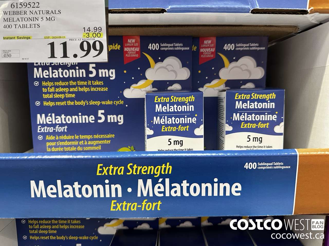 6159522 WEBBER NATURALS MELATONIN 5 MG 400 TABLETS ($3.00 INSTANT SAVINGS EXPIRES ON 2024-09-15) $11.99