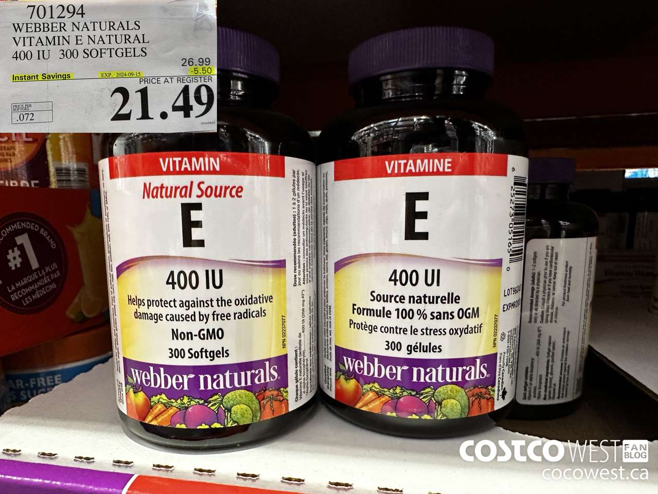 701294 WEBBER NATURALS VITAMIN E NATURAL 400 IU 300 SOFTGELS ($5.50 INSTANT SAVINGS EXPIRES ON 2024-09-15) $21.49