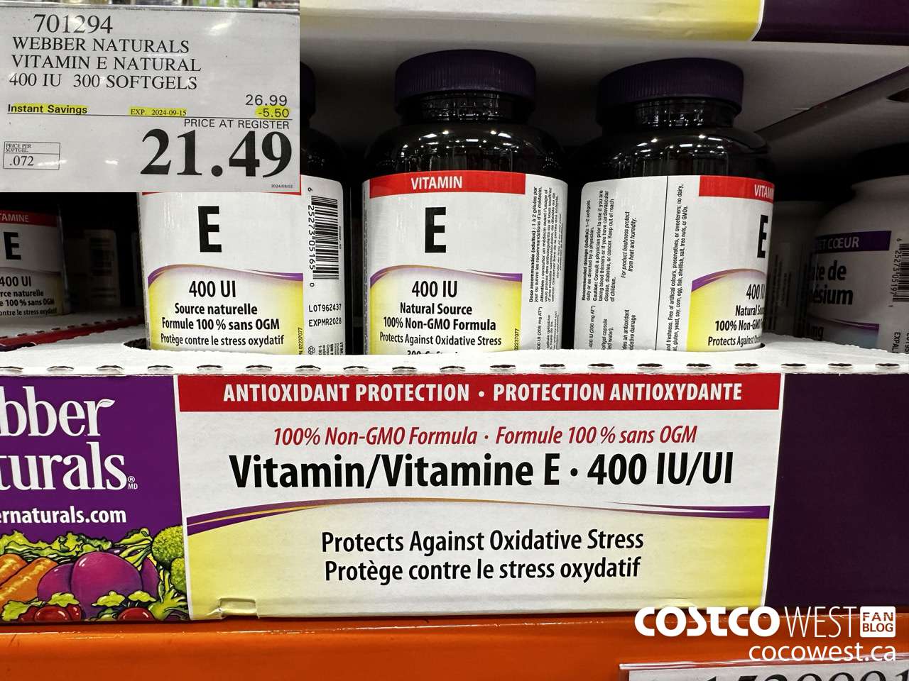 701294 WEBBER NATURALS VITAMIN E NATURAL 400 IU 300 SOFTGELS ($5.50 INSTANT SAVINGS EXPIRES ON 2024-09-15) $21.49