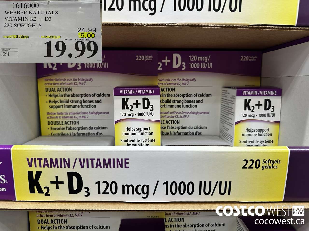 1616000 WEBBER NATURALS VITAMIN K2+D3 220 SOFTGELS ($5.00 INSTANT SAVINGS EXPIRES ON 2024-10-13) $19.99