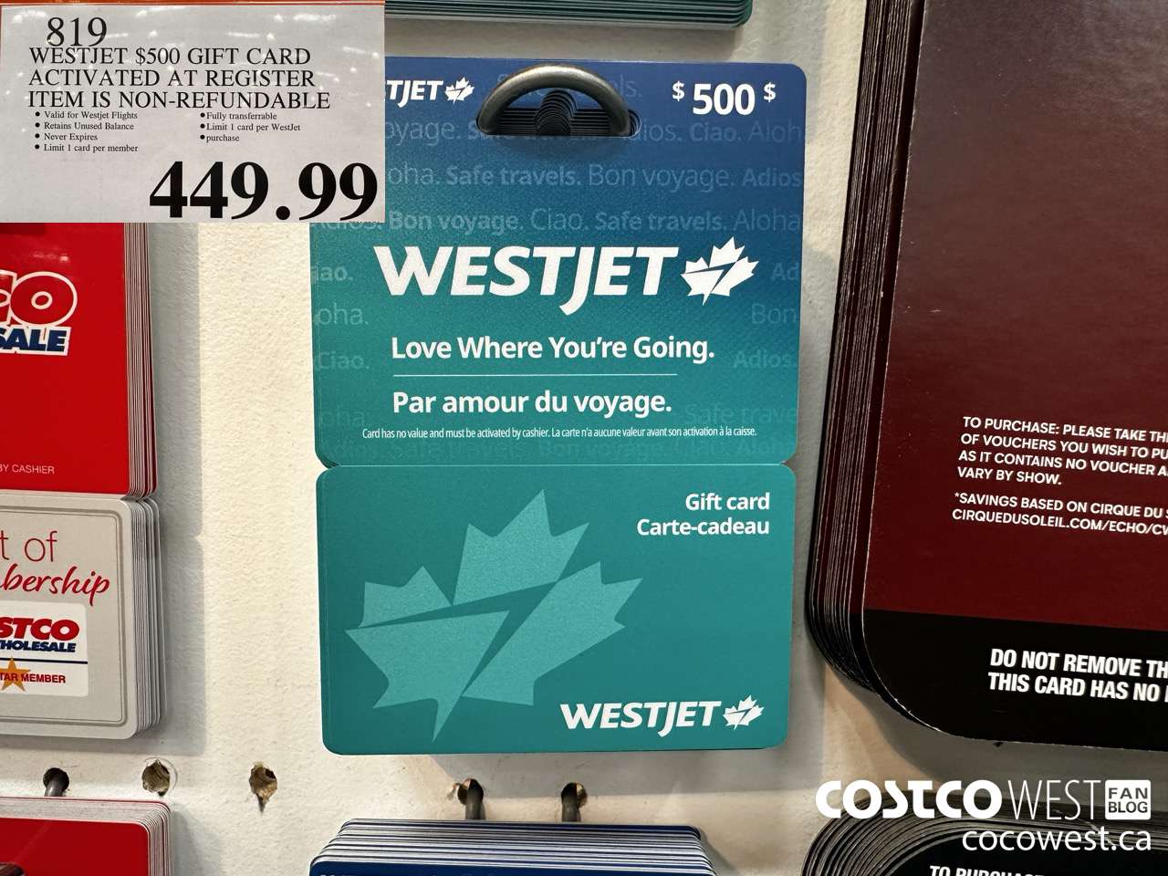 819 WESTJET $500 GIFT CARD NON-REFUNDABLE $449.99