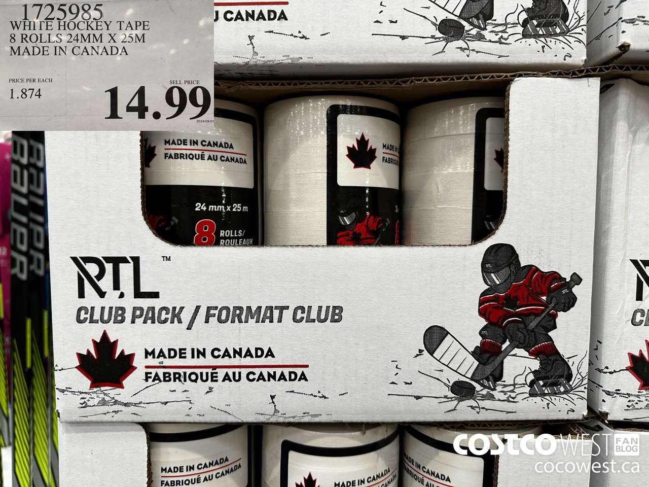 1725985 WHITE HOCKEY TAPE 8 ROLLS 24MM X 25M MADE IN CANADA $14.99