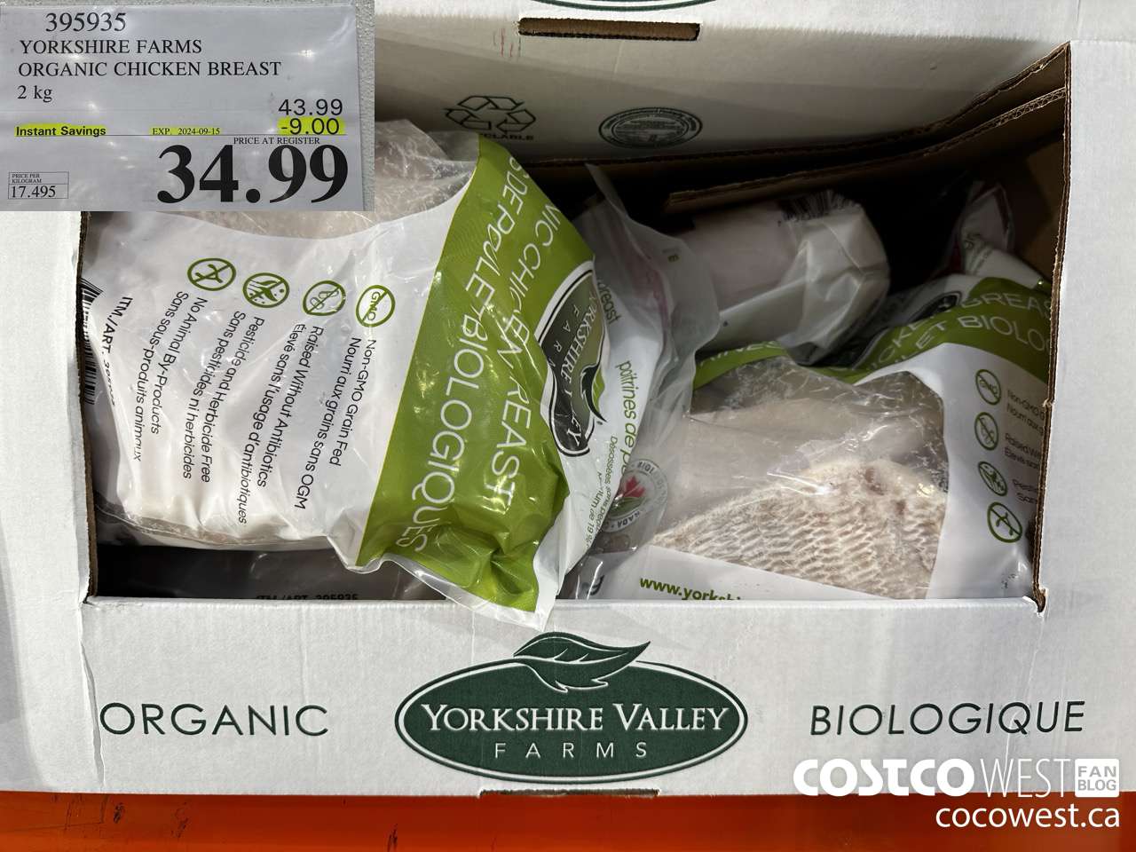395935 YORKSHIRE FARMS ORGANIC CHICKEN BREAST 2 kg ($9.00 INSTANT SAVINGS EXPIRES ON 2024-09-15) $34.99