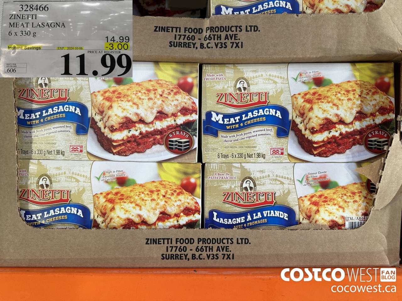 328466 ZINETTI MEAT LASAGNA 6 x 330 g ($3.00 INSTANT SAVINGS EXPIRES ON 2024-10-06) $11.99