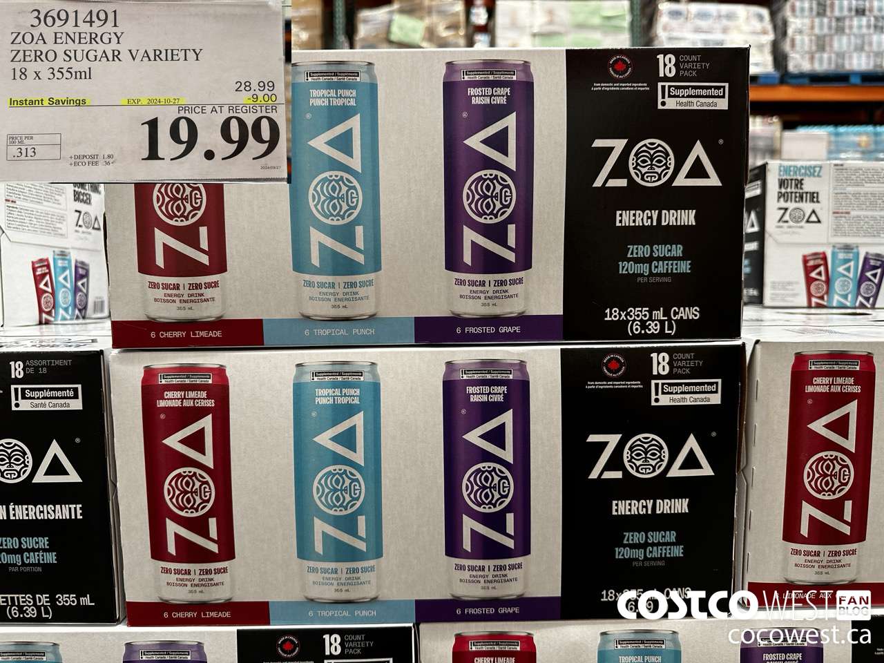 3691491 ZOA ENERGY ZERO SUGAR VARIETY 18 X 355ML ($9.00 INSTANT SAVINGS EXPIRES ON 2024-10-27) $19.99