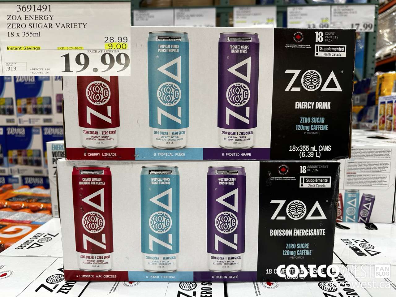 3691491 ZOA ENERGY ZERO SUGAR VARIETY 18 X 355ML ($9.00 INSTANT SAVINGS EXPIRES ON 2024-10-27) $19.99