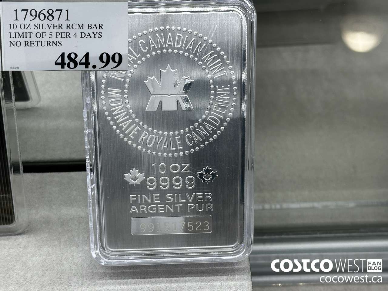 1796871 10 OZ SILVER RCM BAR LIMIT OF 5 PER 7 DAYS NO RETURNS  $484.99