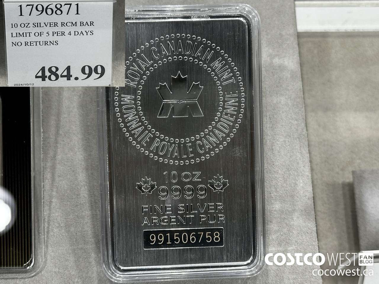 1796871 10 OZ SILVER RCM BAR LIMIT OF 5 PER 7 DAYS NO RETURNS  $484.99
