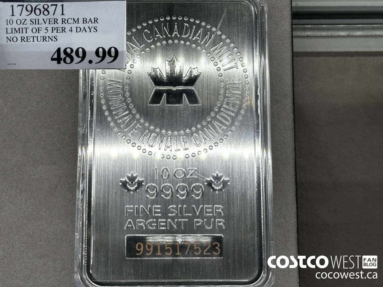 1796871 10 OZ SILVER RCM BAR LIMIT OF 5 PER 7 DAYS NO RETURNS  $489.99