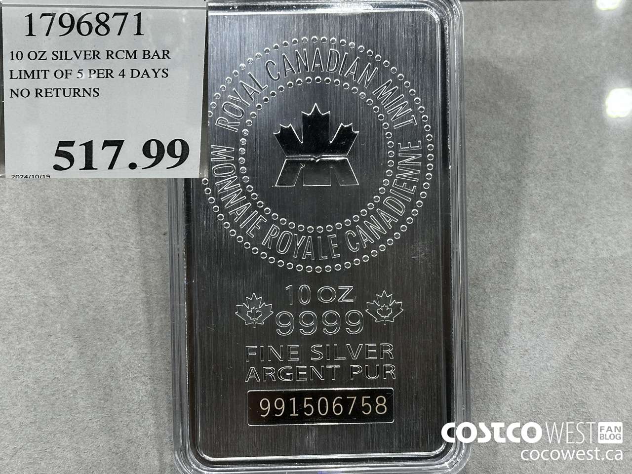 1796871 10 OZ SILVER RCM BAR LIMIT OF 5 PER 7 DAYS NO RETURNS  $517.99