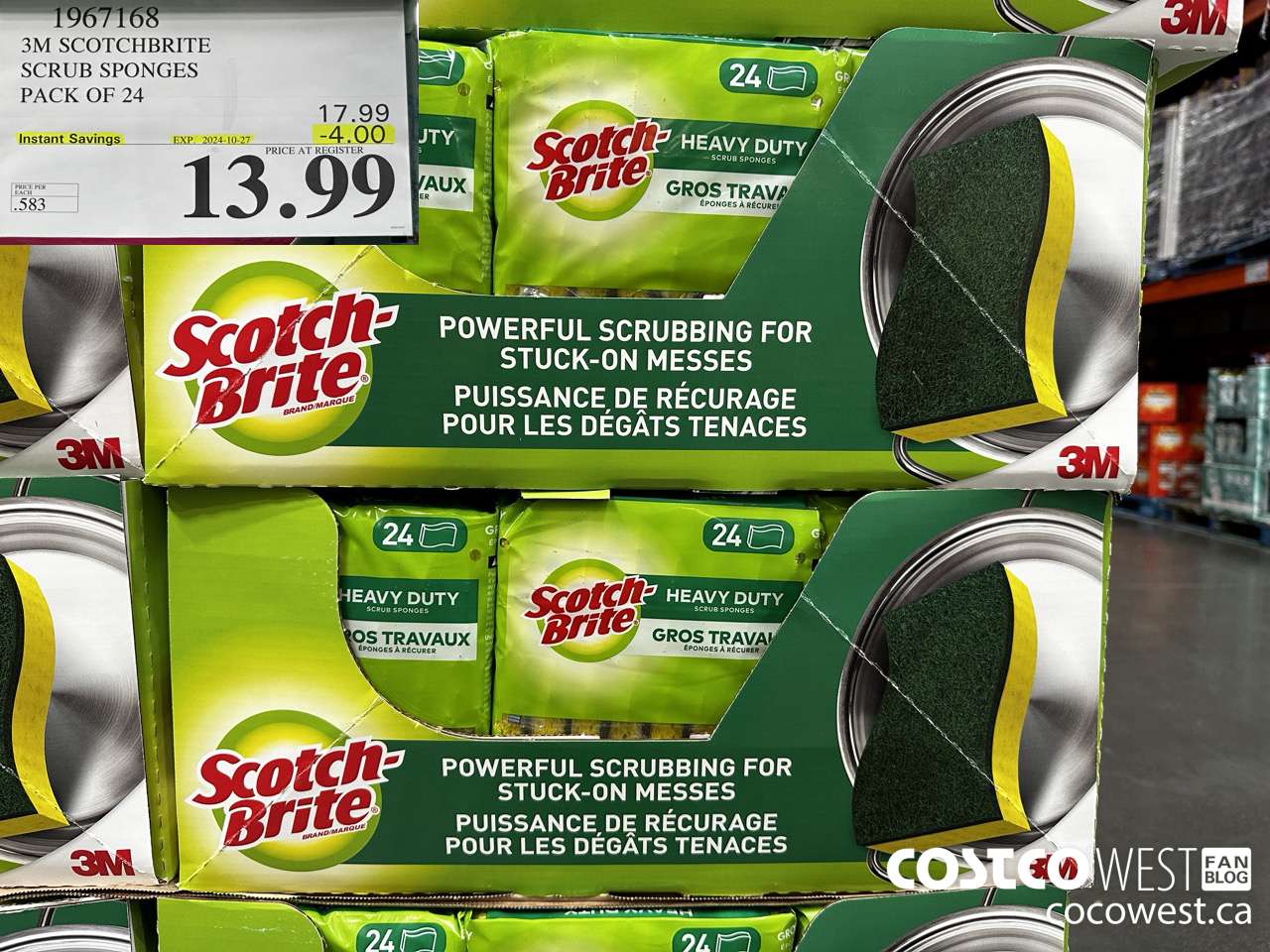 1967168 3M SCOTCHBRITE SCRUB SPONGES PACK OF 24 ($4.00 INSTANT SAVINGS EXPIRES ON 2024-10-27) $13.99