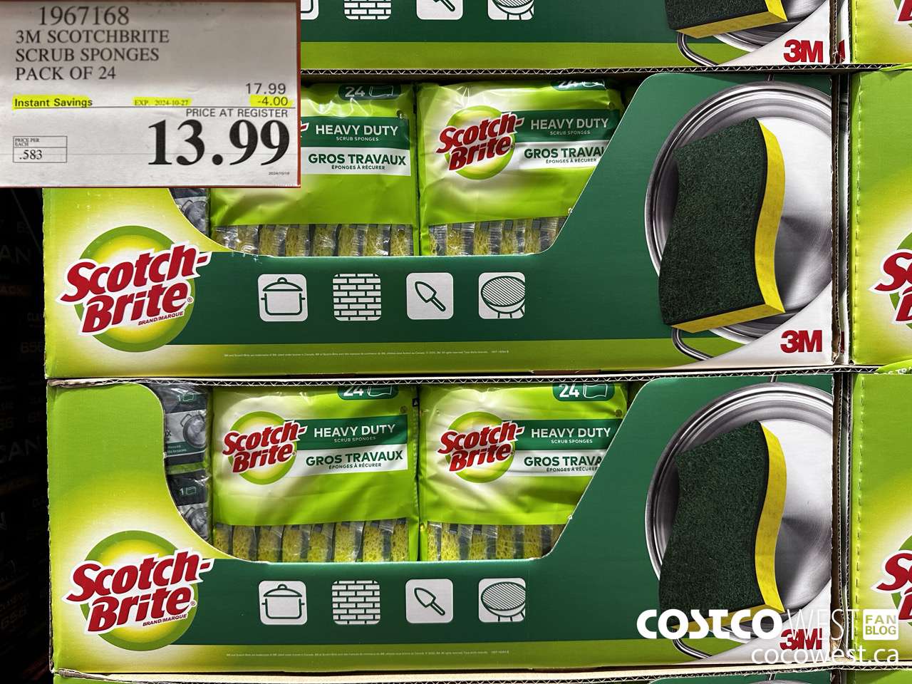 1967168 3M SCOTCHBRITE SCRUB SPONGES PACK OF 24 ($4.00 INSTANT SAVINGS EXPIRES ON 2024-10-27) $13.99