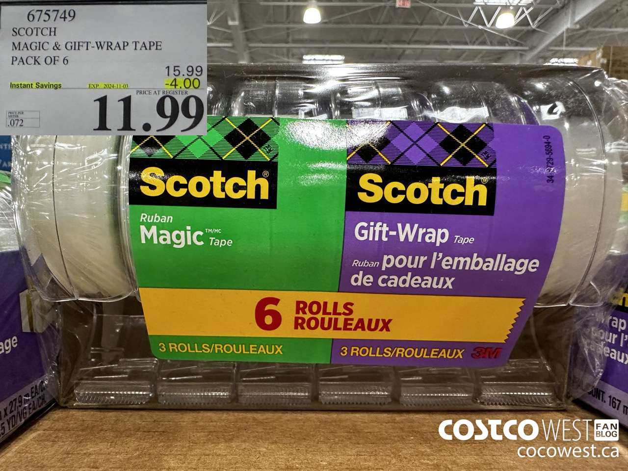 675749 3M SCOTCH MAGIC TAPE/GIFT WRAP TAPE 6PK ($4.00 INSTANT SAVINGS EXPIRES ON 2024-11-03) $11.99