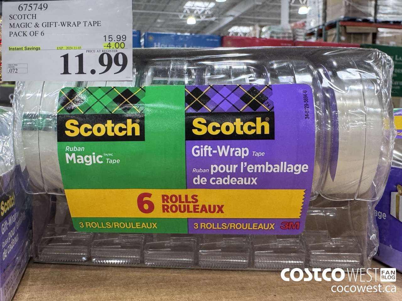 675749 3M SCOTCH MAGIC TAPE/GIFT WRAP TAPE 6PK ($4.00 INSTANT SAVINGS EXPIRES ON 2024-11-03) $11.99