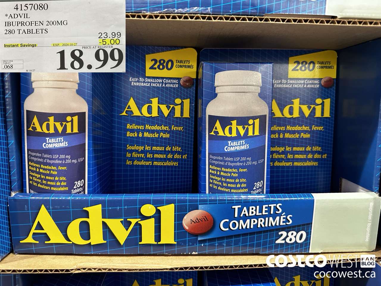 4157080 ADVIL 280 TABLETS IBUPROFEN 200MG ($5.00 INSTANT SAVINGS EXPIRES ON 2024-10-27) $18.99