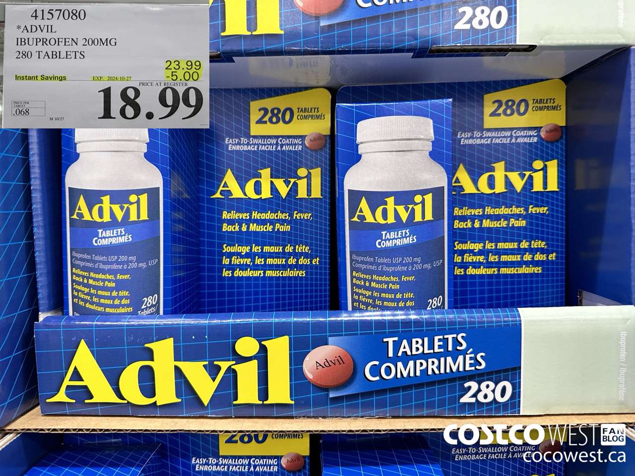 4157080 ADVIL 280 TABLETS IBUPROFEN 200MG ($5.00 INSTANT SAVINGS EXPIRES ON 2024-10-27) $18.99