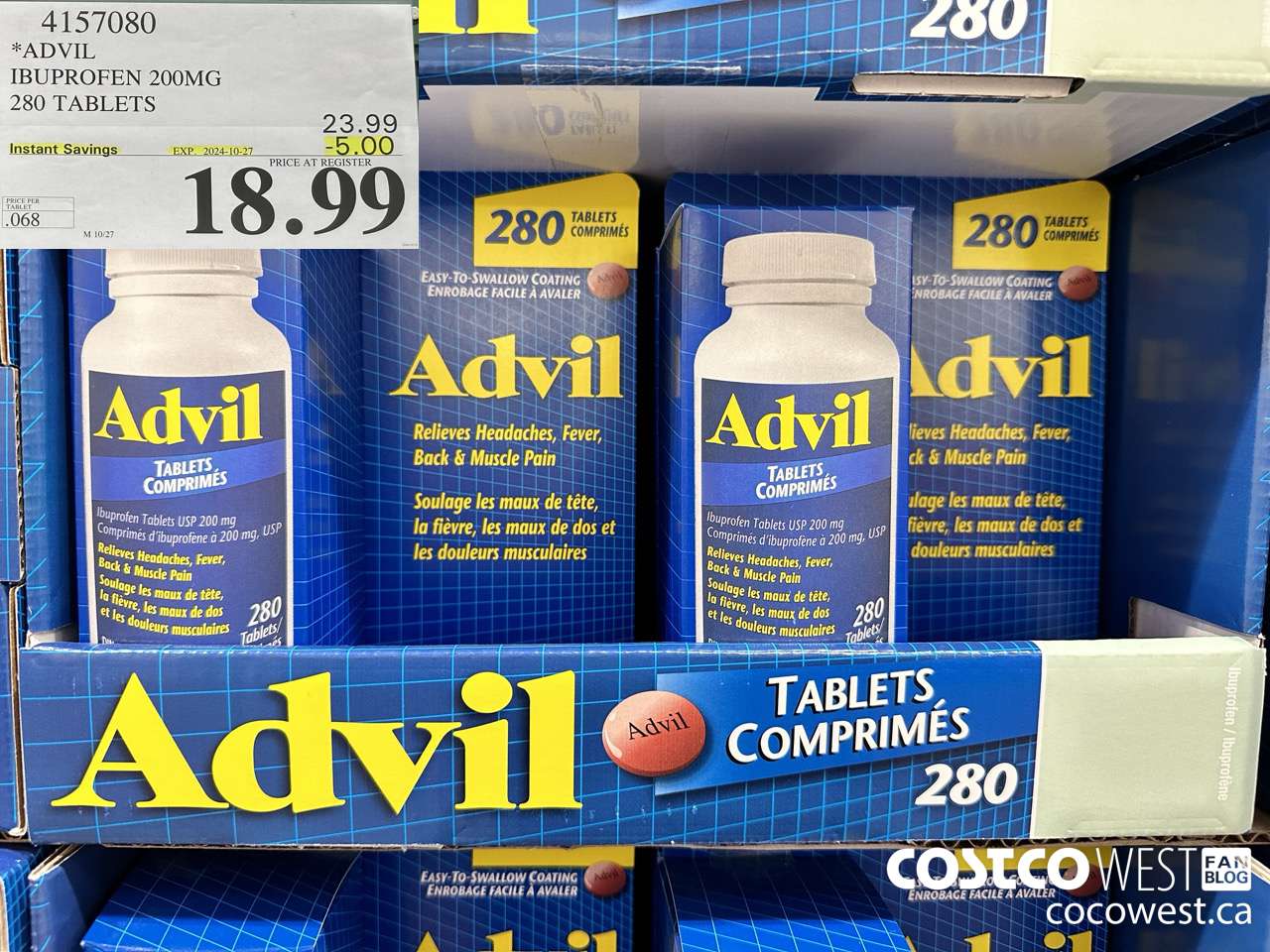 4157080 ADVIL 280 TABLETS IBUPROFEN 200MG ($5.00 INSTANT SAVINGS EXPIRES ON 2024-10-27) $18.99