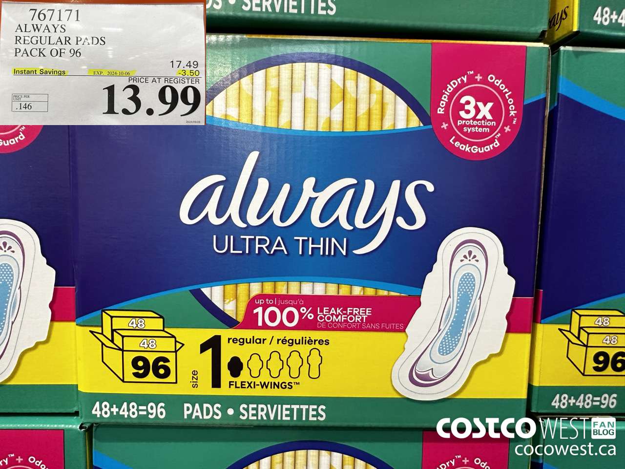 767171 ALWAYS ULTRA THIN PADS REGULAR 96CT ($3.50 INSTANT SAVINGS EXPIRES ON 2024-10-06) $13.99