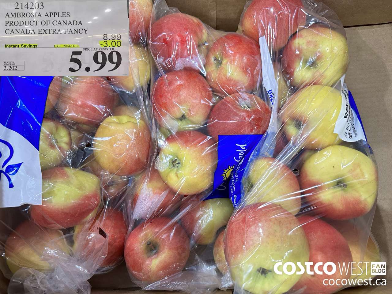 214203 AMBROSIA APPLES PRODUCT OF CANADA EXTRA FANCY ($3.00 INSTANT SAVINGS EXPIRES ON 2024-11-10) $5.99