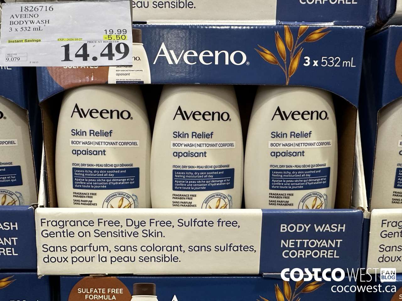 1826716 AVEENO BODYWASH 3 X 532ML ($5.50 INSTANT SAVINGS EXPIRES ON 2024-10-27) $14.49