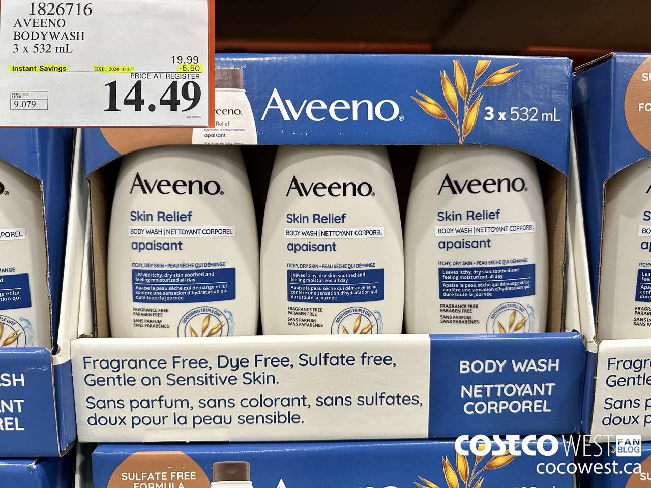 1826716 AVEENO BODYWASH 3 X 532ML ($5.50 INSTANT SAVINGS EXPIRES ON 2024-10-27) $14.49