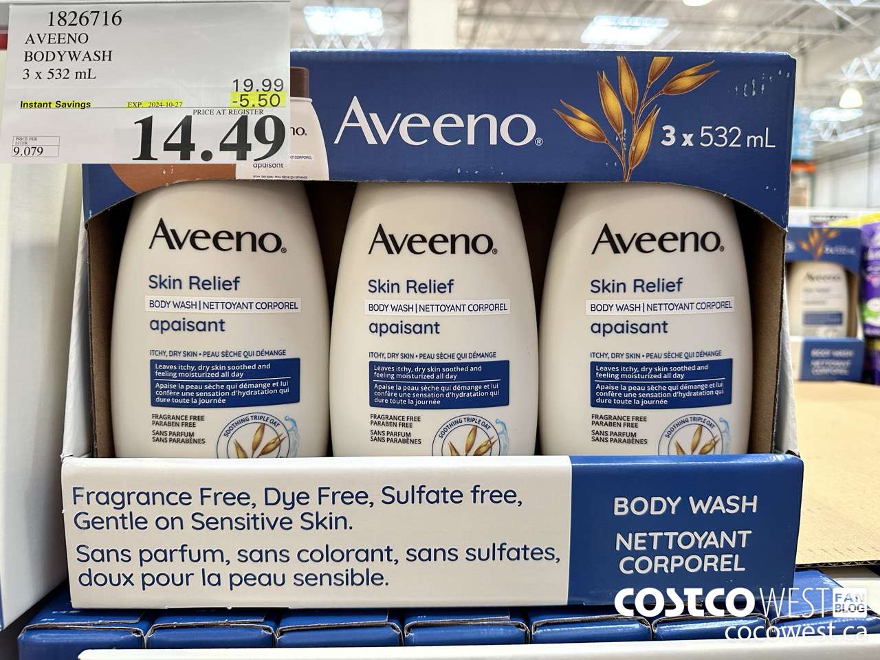 1826716 AVEENO BODYWASH 3 X 532ML ($5.50 INSTANT SAVINGS EXPIRES ON 2024-10-27) $14.49
