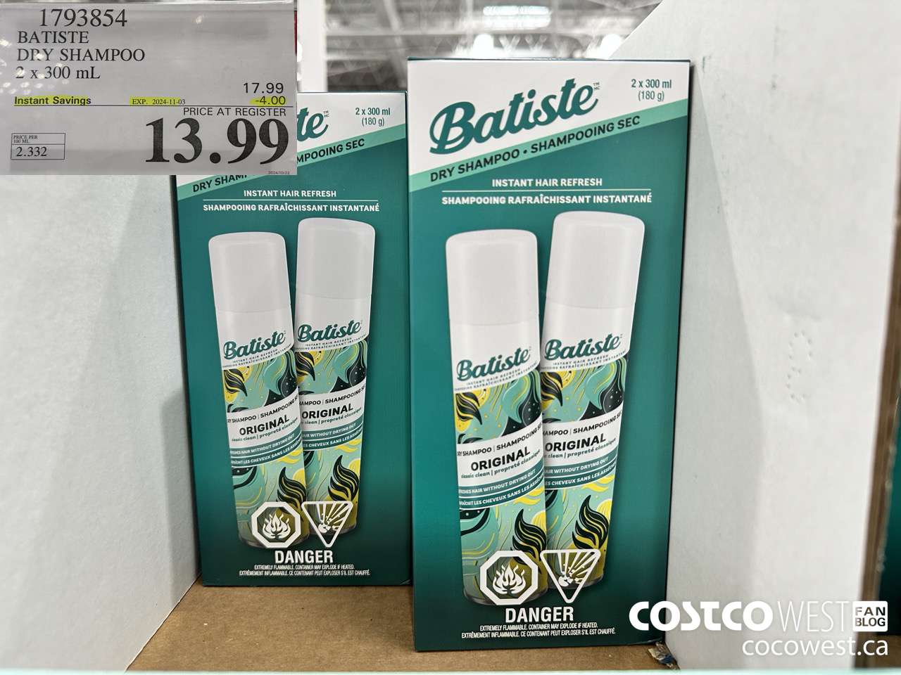 1793854 BATISTE DRY SHAMPOO 2 X 300ML ($4.00 INSTANT SAVINGS EXPIRES ON 2024-11-03) $13.99