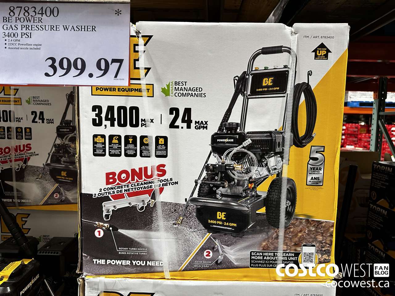 8783400 BE POWER PRESSURE WASHER 3400 PSI $399.97