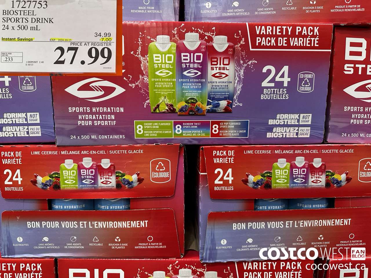 1727753 BIOSTEEL SPORTS DRINK 24 X 500 ML ($7.00 INSTANT SAVINGS EXPIRES ON 2024-10-13) $27.99