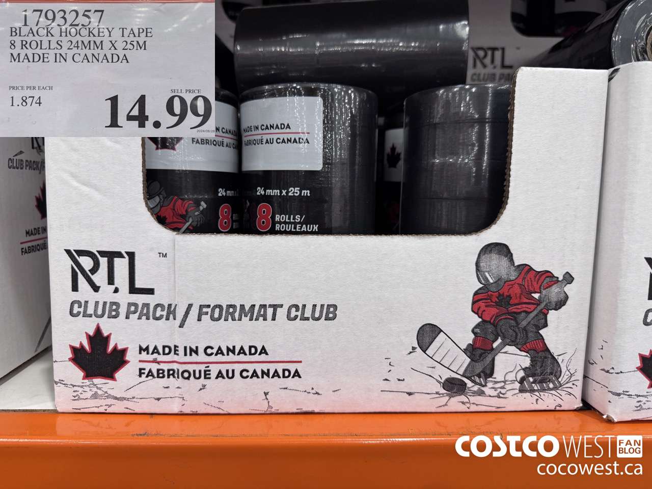 1793257 BLACK HOCKEY TAPE 8 ROLLS 24MM X 25M MADE IN CANADA $14.99