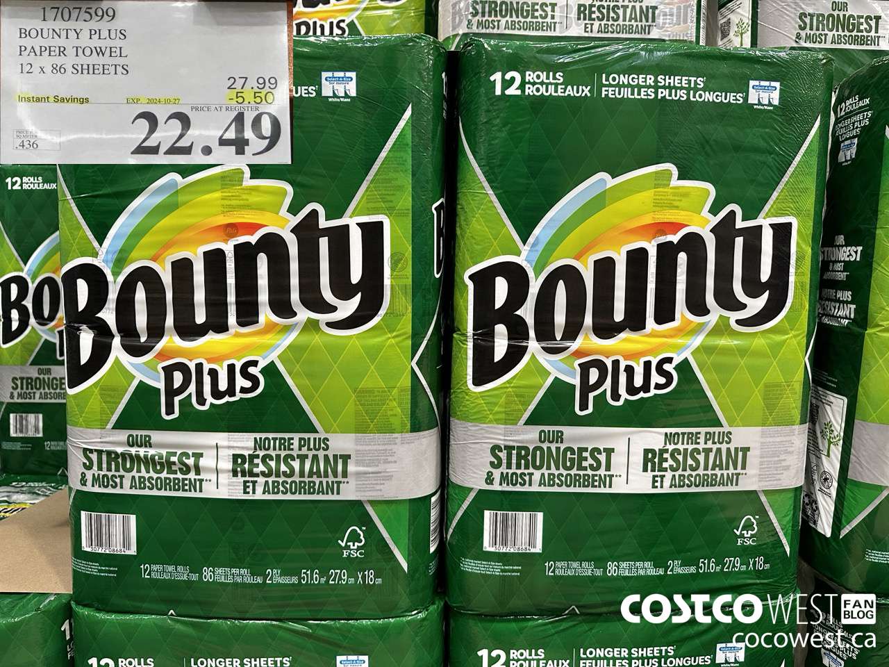 1707599 BOUNTY PLUS PAPER TOWEL 12 X 86 SHEETS ($5.50 INSTANT SAVINGS EXPIRES ON 2024-10-27) $22.49