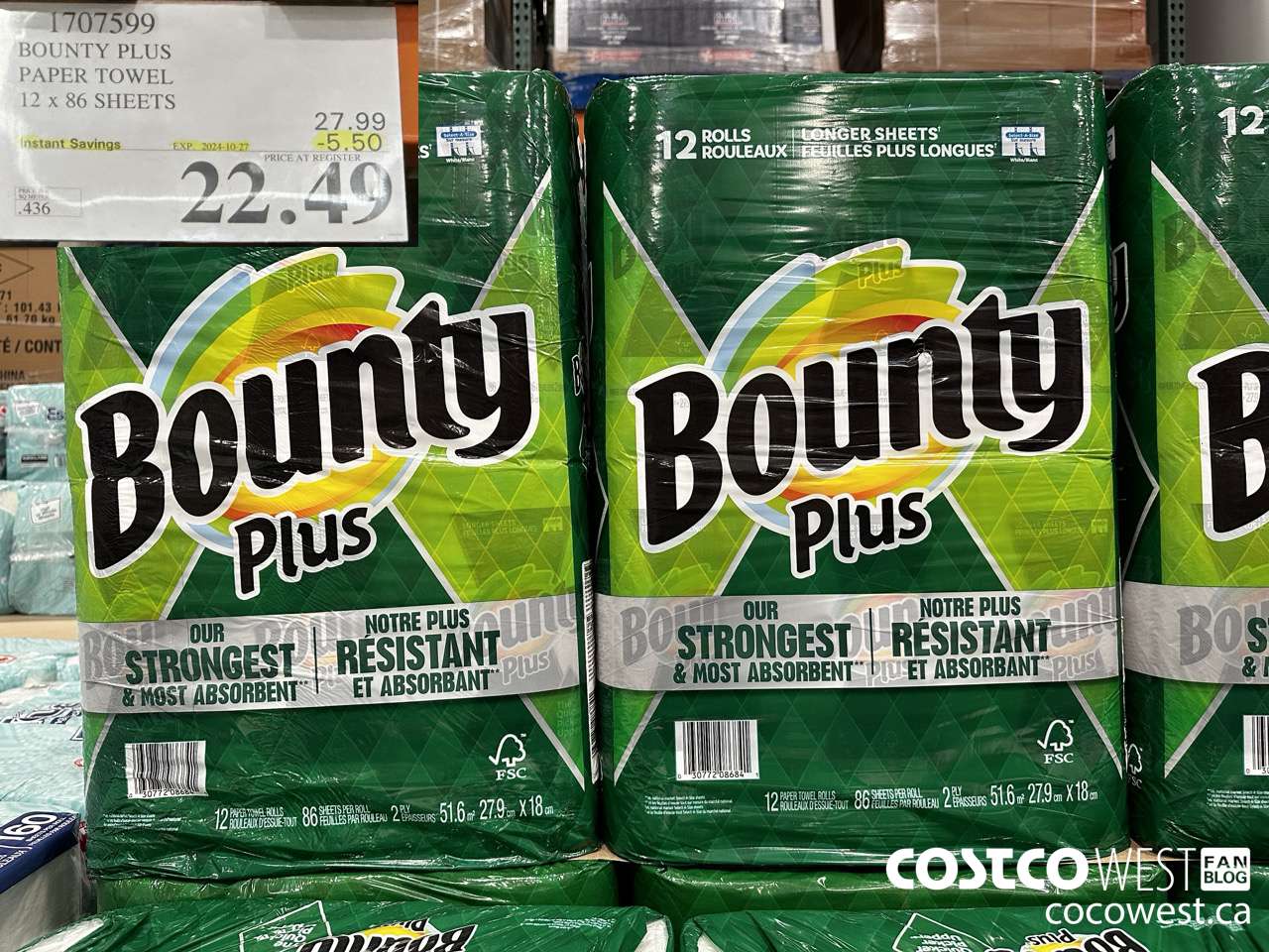 1707599 BOUNTY PLUS PAPER TOWEL 12 X 86 SHEETS ($5.50 INSTANT SAVINGS EXPIRES ON 2024-10-27) $22.49