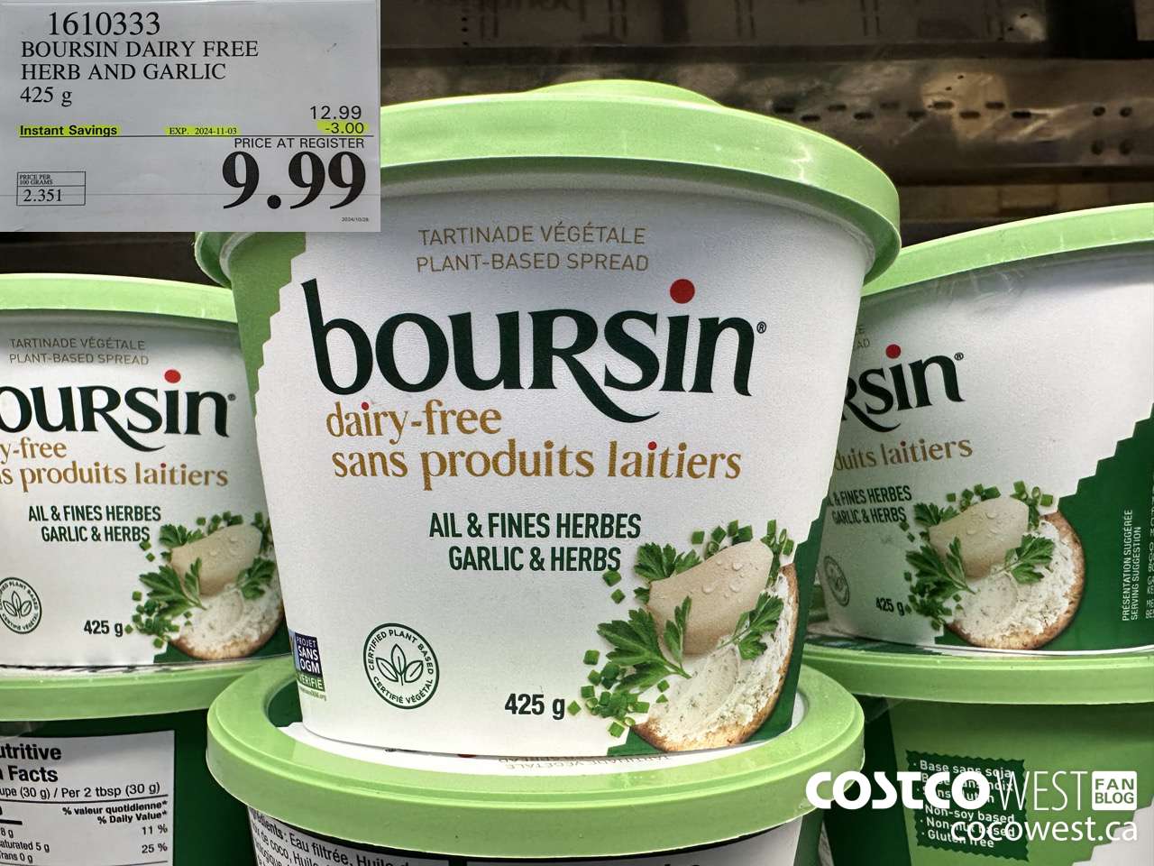 1610333 BOURSIN DAIRY FREE HERB AND GARLIC 425 g ($3.00 INSTANT SAVINGS EXPIRES ON 2024-11-03) $9.99