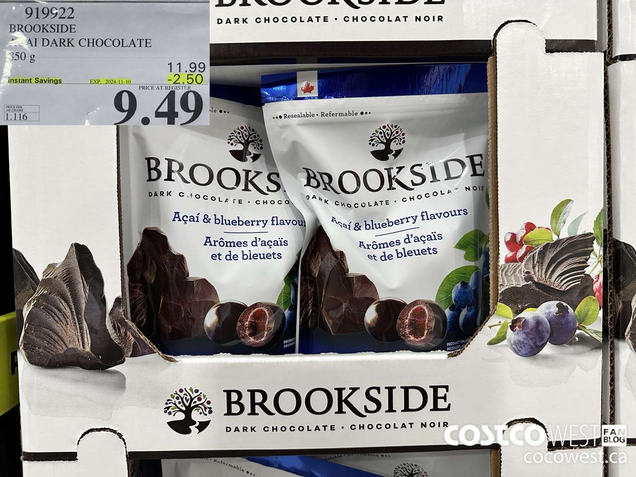 919922 BROOKSIDE ACAI DARK CHOCOLATE 850 g ($2.50 INSTANT SAVINGS EXPIRES ON 2024-11-10) $9.49